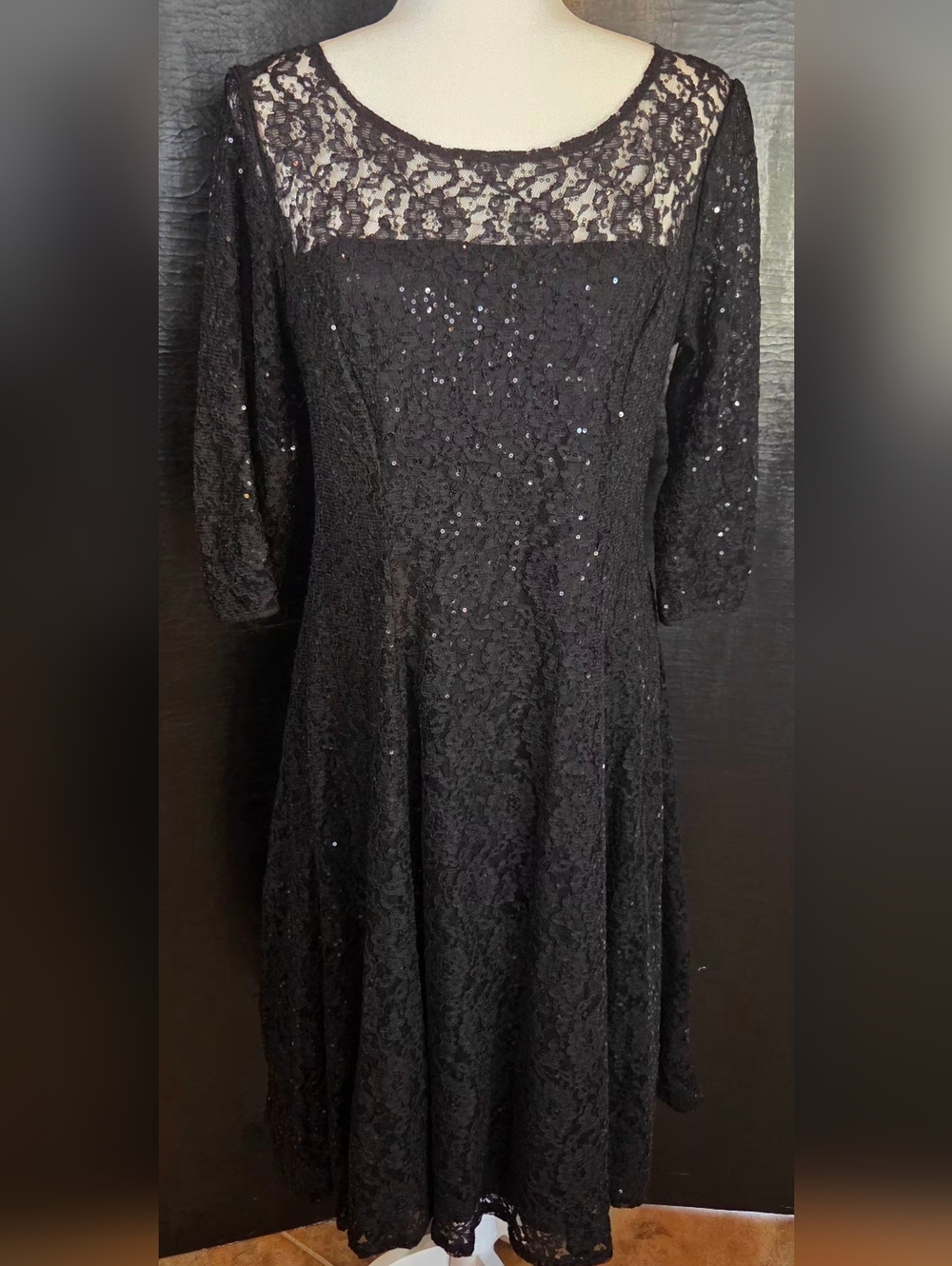 SLNY/S.L. Fashions Black Sequined Lace Fit & Flare Cocktail Dress - Size 10P - Picture 2 of 11